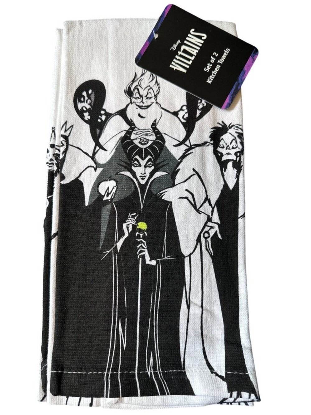 Disney Villains Set Of 2 Kitchen Towels 16x26 100% Cotton Black & White Design
